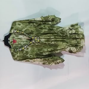 Sunny Leigh olive green and cream top with beaded detail on collar size Large